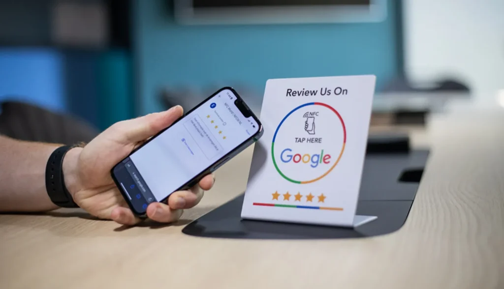 Customer tapping google review cards Bristol